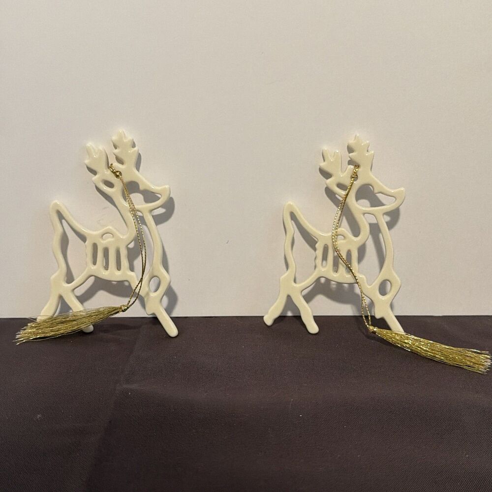 Vintage Lenox Ivory Porcelain Pierced Reindeer Christmas Ornaments Set of 2 Gold